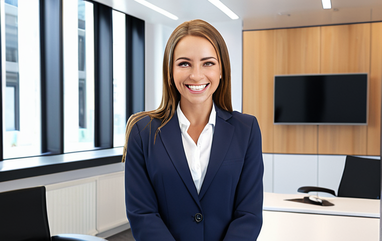 **

A confident interior coordinator radiating positive energy, greeting the interviewers with a bright smile and direct eye contact, in a modern office setting. Focus on conveying enthusiasm and professionalism.

**