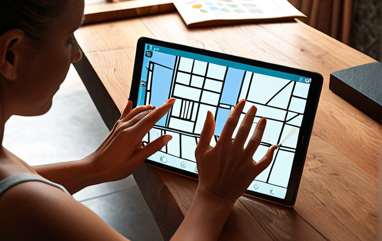 **Prompt:** A discerning interior designer, focused on user experience, stands within a sunlit, contemporary living space. She holds a tablet displaying a floor plan overlayed with user flow paths, while her other hand gestures towards thoughtfully arranged furniture. Around her, subtle elements of color psychology are evident in the palette, with a soft, warm indirect light illuminating textured walls and natural wood surfaces. Material samples (fabric, stone, wood) are meticulously arranged on a nearby table, hinting at the sensory richness of the design. The overall atmosphere is calm, inviting, and meticulously planned, reflecting a deep understanding of space and human interaction.